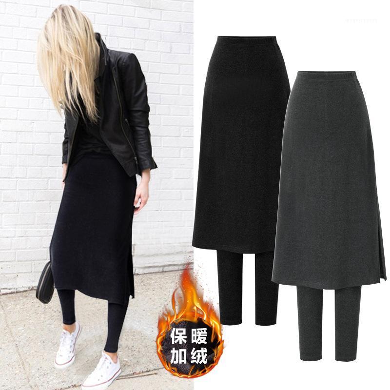 

Women' Plus Velvet Thick Pencil Pants Casual Solid High Waist Solid Fake Two Pieces Legging Skirt M-5XL Female Plus Size Pants1, Black