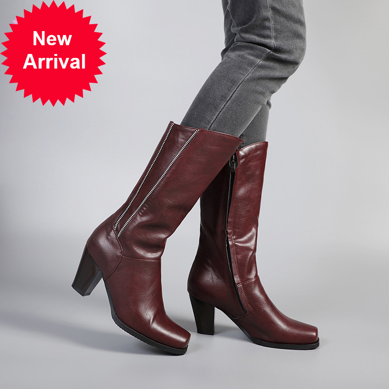 

2021 The New Comfortable Casual Style Square Toe Mid-square Foot Calf Fashion Black Khaki Red Zipper High Heels Women's Riding Boots Pw99, Brown