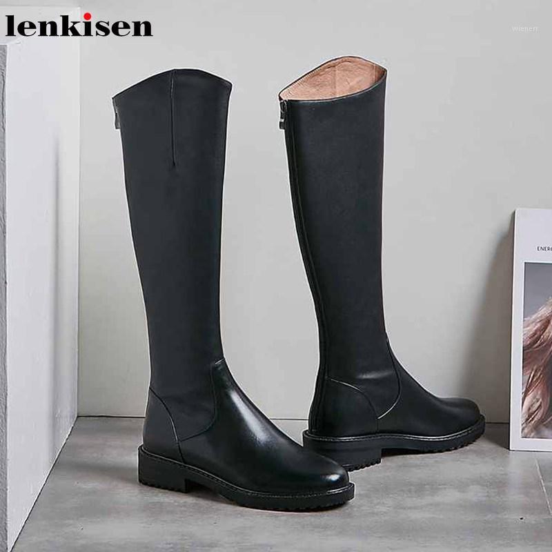 

Lenkisen winter classic genuine leather solid concise boots med heels round toe back zipper women keep warm thigh high boots L311, Black cow suede