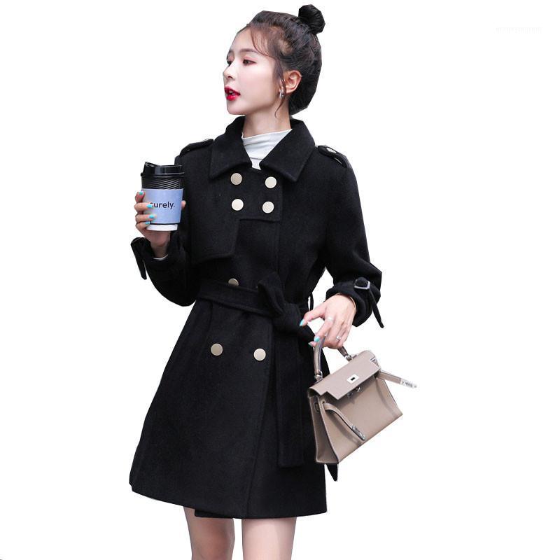 

2021 Women' Woolen Coat Autumn Winter New Women Double Breasted Wool Jacket Female Fleece Woolen Overcoat Winter Coats A4381, Black