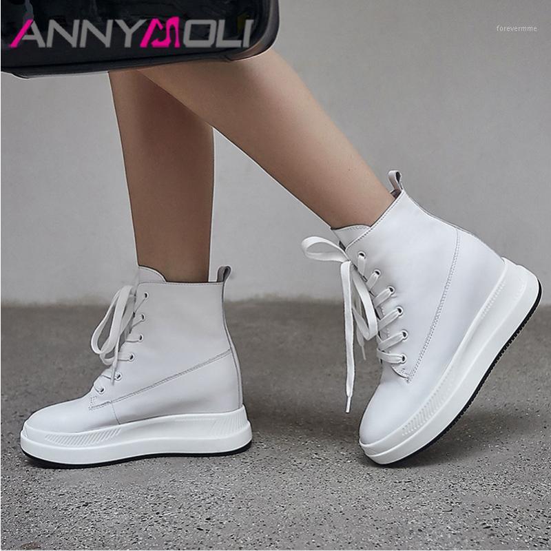 

ANNYMOLI Winter Ankle Boots Women Genuine Leather Height Increasing High Heels Lace Up Short Boots Round Toe Shoes Ladies Autumn1, Black