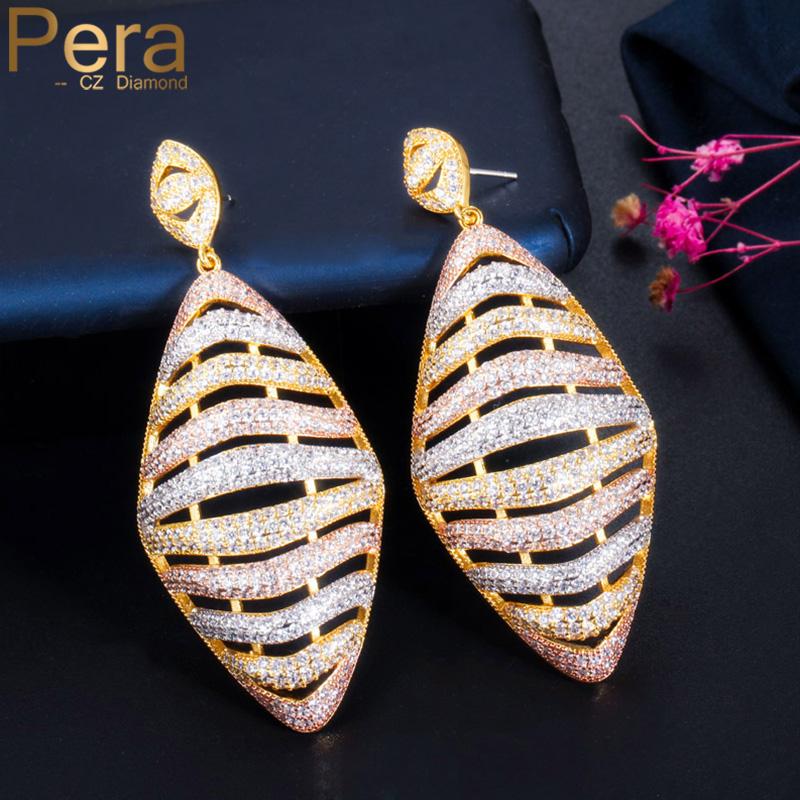 

Pera 925 Sterling Silver Shiny CZ 3 Tone Long Hollow Out Drop Bridal Wedding Party Earrings for Bride Jewelry Accessories E530