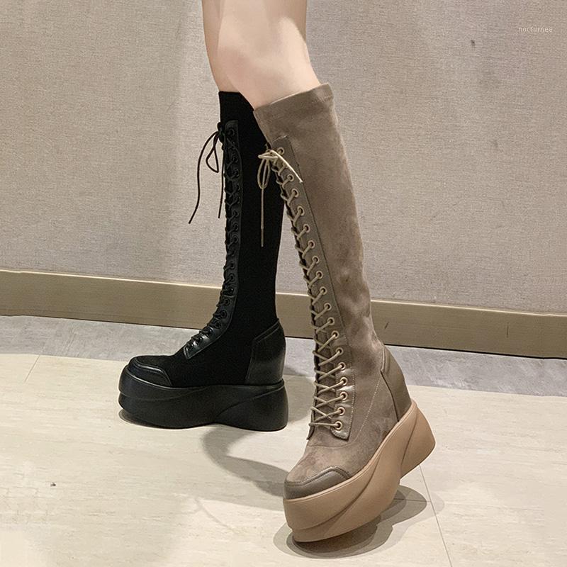 

Fashion Womens Knee High Boots Platform Wedge High Heels Shoes Nubuck Leather Lace Up Boots Women Black Brown K211