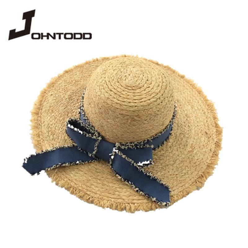 

Wide Brim Hats Brand Women Sun Protection Beach Hat Korean Version Of Blue Ribbon Bowknot Straw Cap Casual Ladies Flat Top Panama