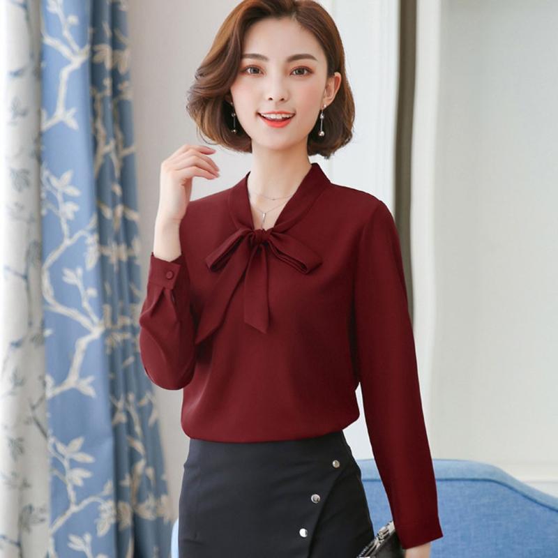 

Fashion Chiffon Shirt Women New Arrival Solid Long Sleeve Loose V-Neck Top Bow Bottoming Spring Summer Business Blouse Women, Blue