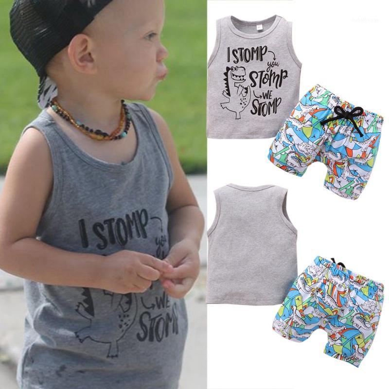 

New Baby Boys Clothes Set asual Sleeveless Cartoon Animal Print Tops Vest Shorts 2PCS Outfit Costume1, Beige