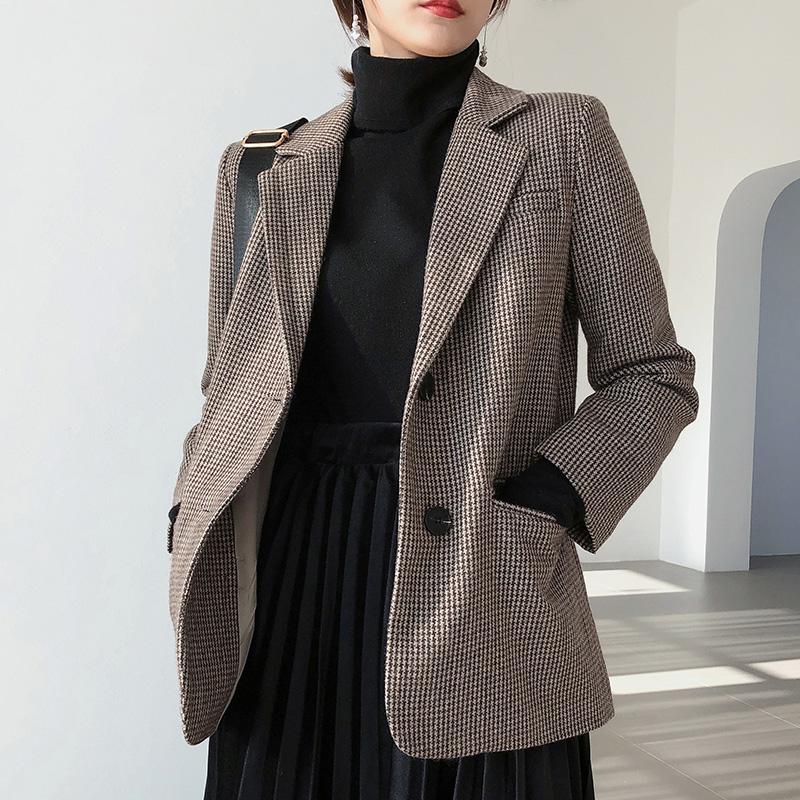 

Vintage Korean Winter Blazer 2021 Fashion Notched Collar Pockets Suit Blazers Women Houndstooth Casual Formal Jackets, Image