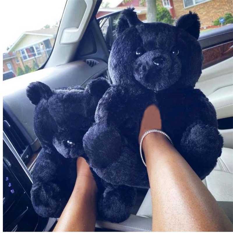 

Women's Cartoon Bear Fluffy Cotton Slippers Ladies Furry Cotton Shoes Female House Warm Fur Shoes Girl's Cute Pluse Slides 2021, As pic show