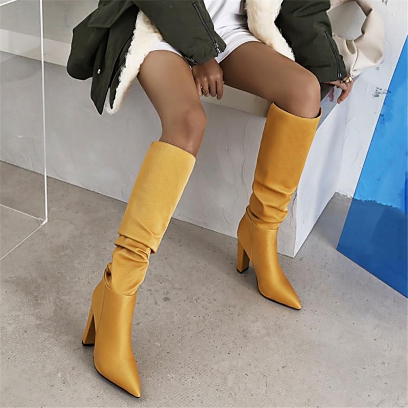 

PXELENA 34-43 Plus Size Knee High Boots Women 2021 Winter Slip On Pleated Heels Pointed Toe Office Lady Party Shoes Lady Yellow, Gray