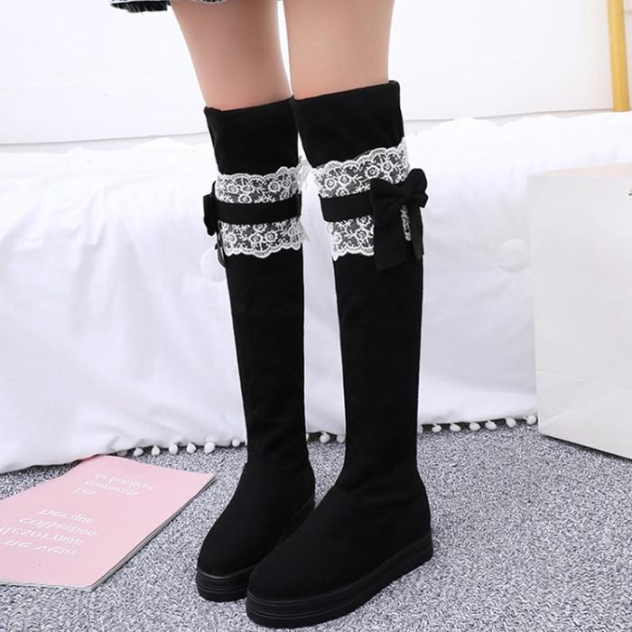 

PXELENA White Ruffles Laces Bow tie Over The Knee Boots Women 2020 Autumn Winter Shoes Girls Sweet Thigh High Boots Slim 34-431, -5 flat autumn