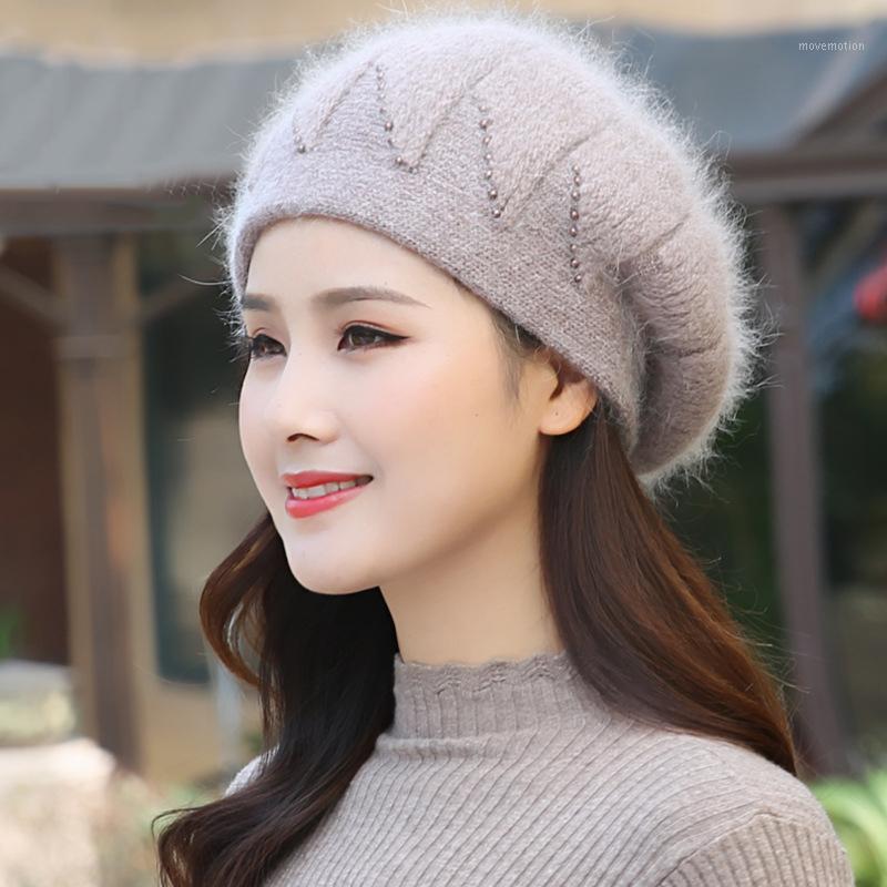 

Hat Women Angora Beret Winter Knit Warm Beads Double Layers Thermal Snow Outdoor Skiing Accessory Cap Headwear1, White