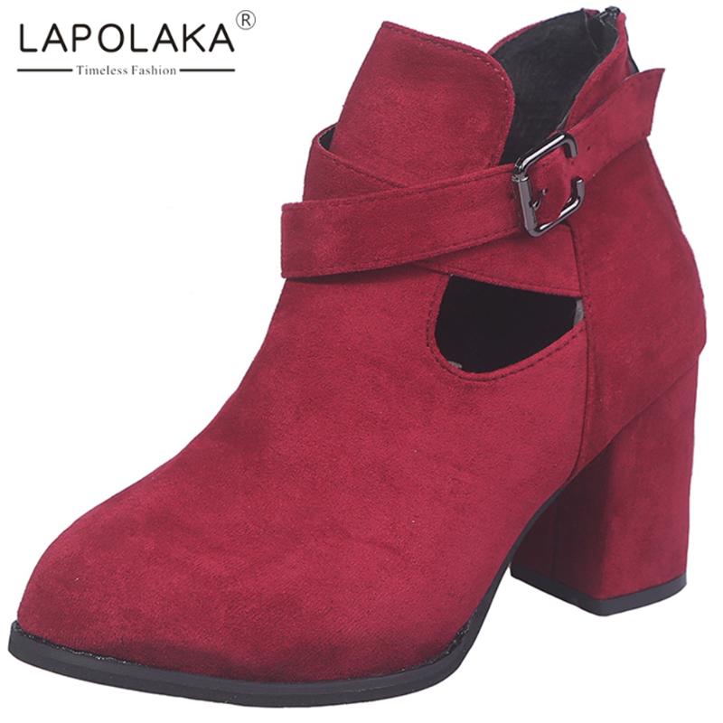 

Lapolaka new arrivals Dropship 2020 Concise Shoes Woman Boots Zip Up Chunky Heels Buckle Decoration Ankle Boots Women Shoes, Black