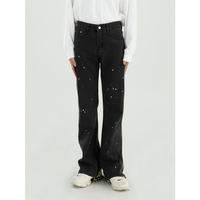 

Male Streetwear Vintage Fashion Loose Jeans Trousers Men Paint Broken Hem Small Bootcut Casual Denim Pant, 145