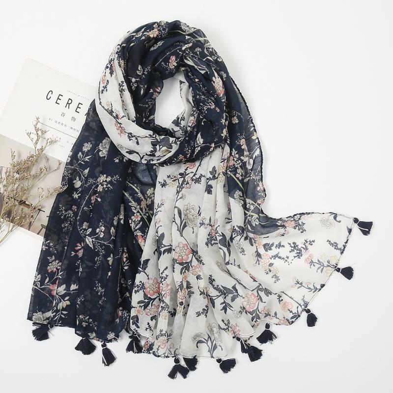 

Scarves Uneven Spain Floral Cotton Hijab Scarf Female Autumn 2021 Muslim Fashion Navy Headscarf Pareos From India Women's Bandana, Blue;gray