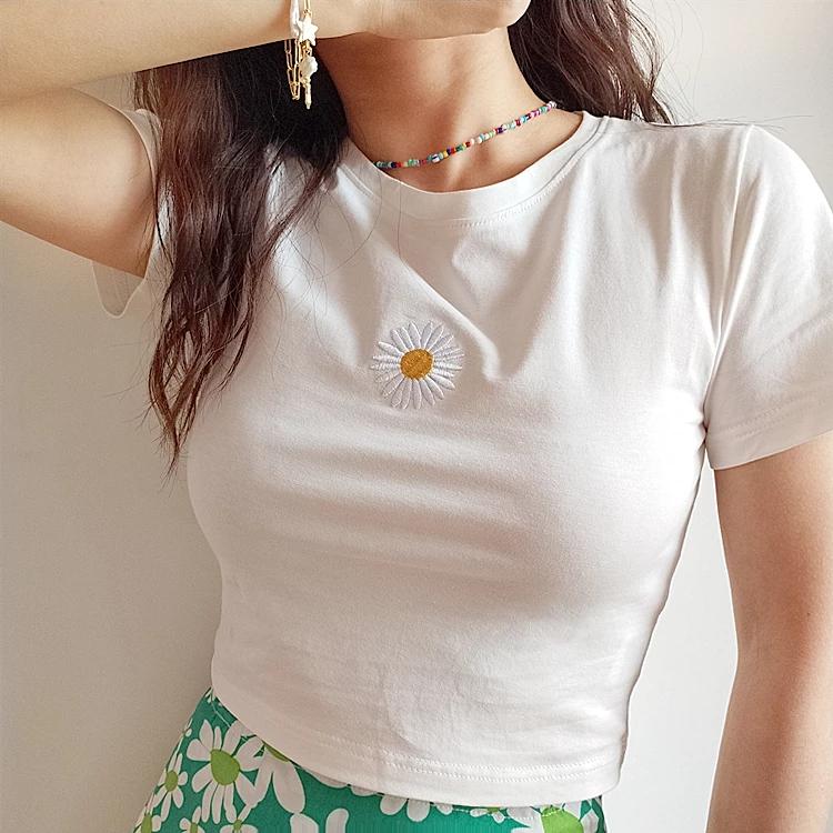 

Women's T-Shirt Tee Korte Mouwen Slanke Top Vintage Short Accessory Streetwear Clothes Vrouwen Borduren Daisy Fit Crop, White