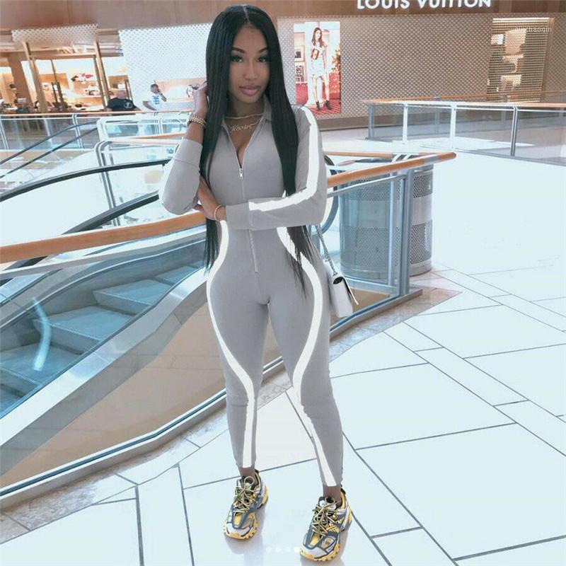 

Women Reflective Jumpsuit Bodycon Long Sleeve Romper Trousers Tracksuit Zipper Jogging Fitness Sports Yoga Pants Plus Size1, Black