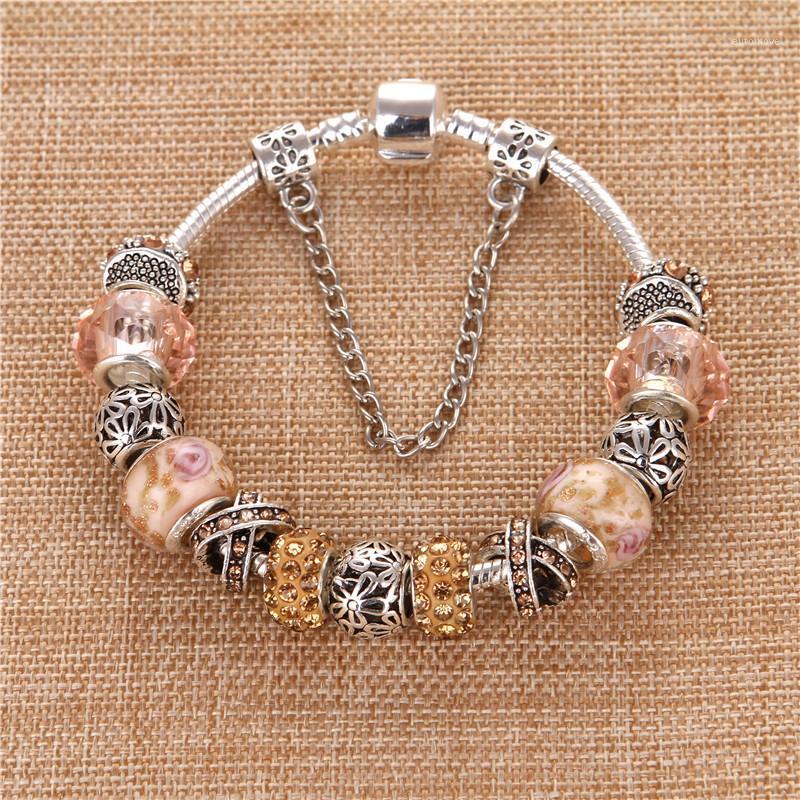 

European Style Vintage Silver plated Peach Color Crystal Noble Fashion DIY Charms Pand Bracelets & Bangles For Women Gift1
