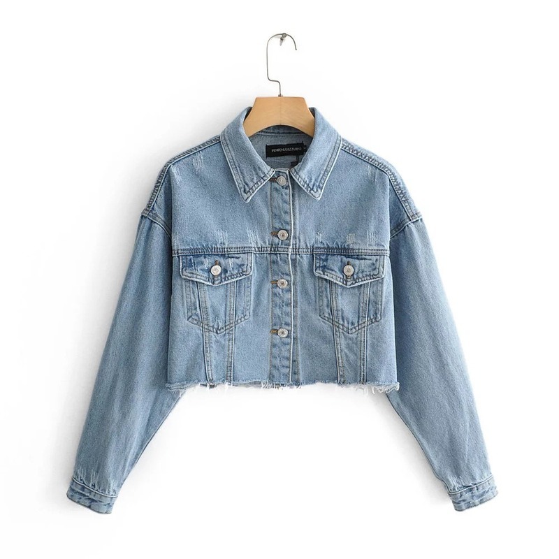 

2021 New Spring and fall of the women sleeve short wool lapel straight double pocket denim jacket top SXHY, Blue