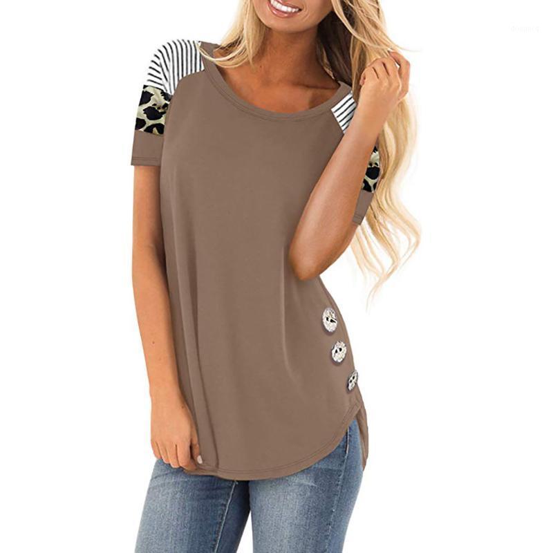 

Women Tshirt Striped Print Stitching Leopard Pattern E Leisure Sports Yoga Gym Short Sleeve T-Shirts Fitness Running Tee Tops1, Black