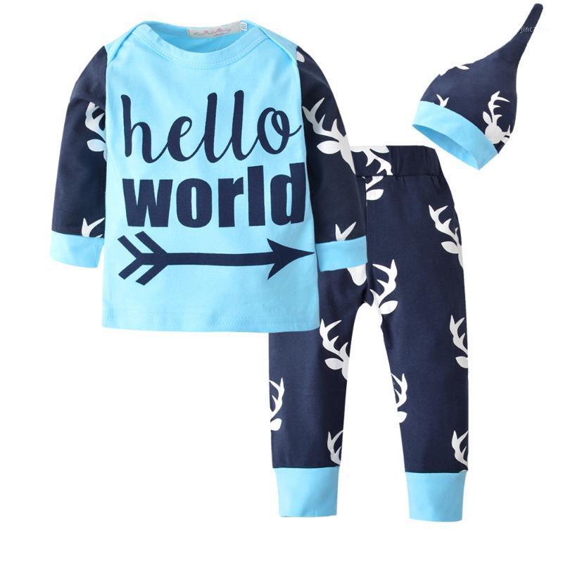 

Baby Boy Clothing Sets Newborn Baby Boys Clothes Cotton Hello World and Deer Printed Long Sleeve T-shirt+Pants+Hat Infant 3PCS1, Sky blue
