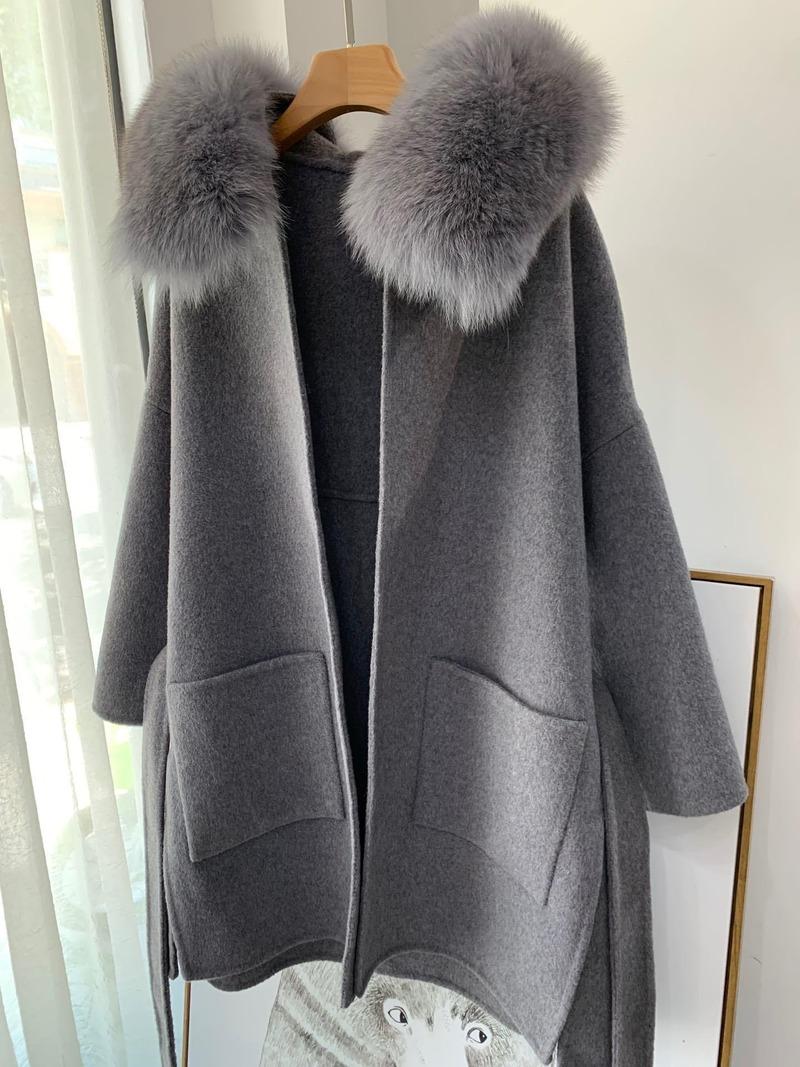 

2020 Real Fur coat winter Jacket women' loose natural wool collared cashmere wool blended streetwear oversize women' coat, Beige
