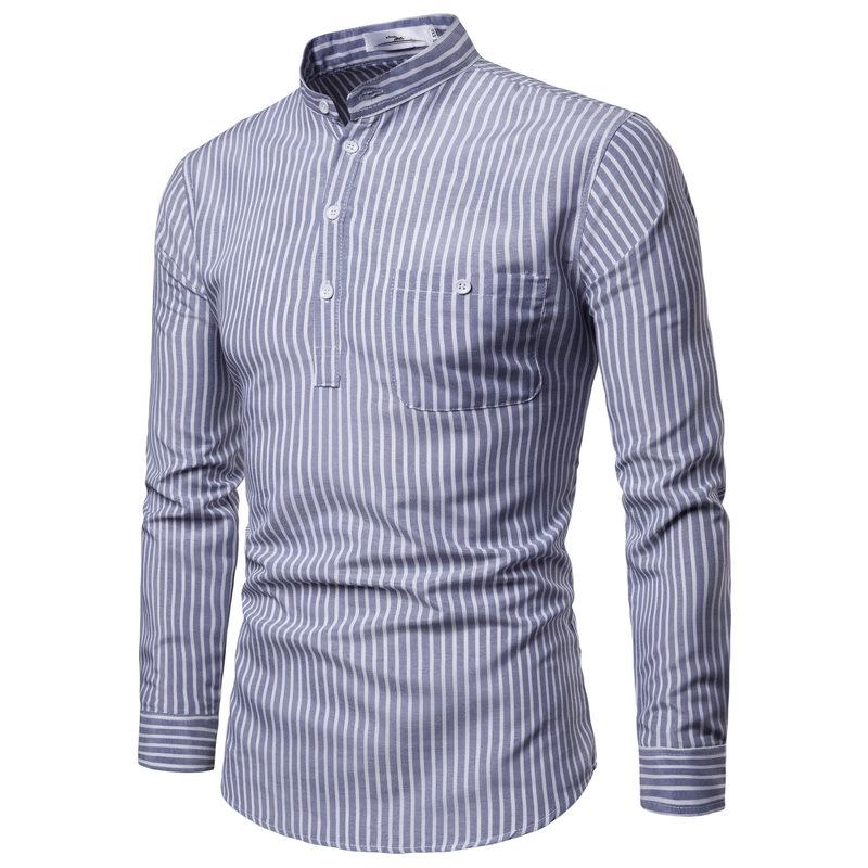 

2020 Fall New Fashion Men's Collar Long Sleeve Pullover Striped Shirt Casual Shirt, Blue