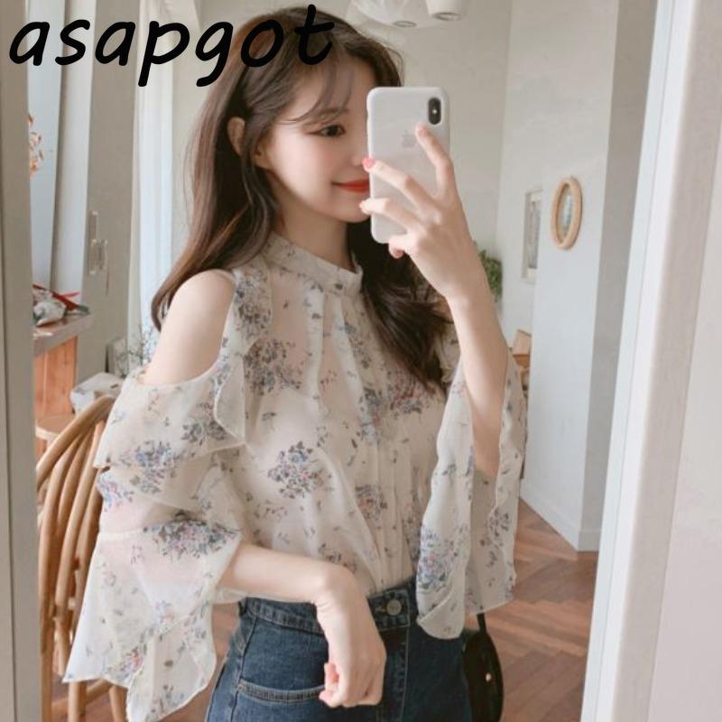 

Chic Halter Flare Sleeve Women Blouses Blusas Mujer De Moda Korean Fairy Shirt Sexy Printed Floral Chiffon Temperament Gentle, White