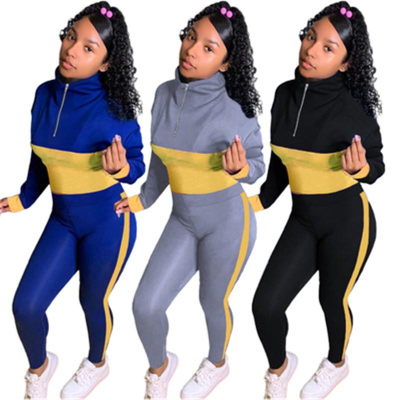 

Ladies Splicing Home Suits Fashion Trend Long Sleeve Zipper Tops Pant Jogger Tracksuits Designer Female Autumn Casual Sports Two Piece Set, Gray