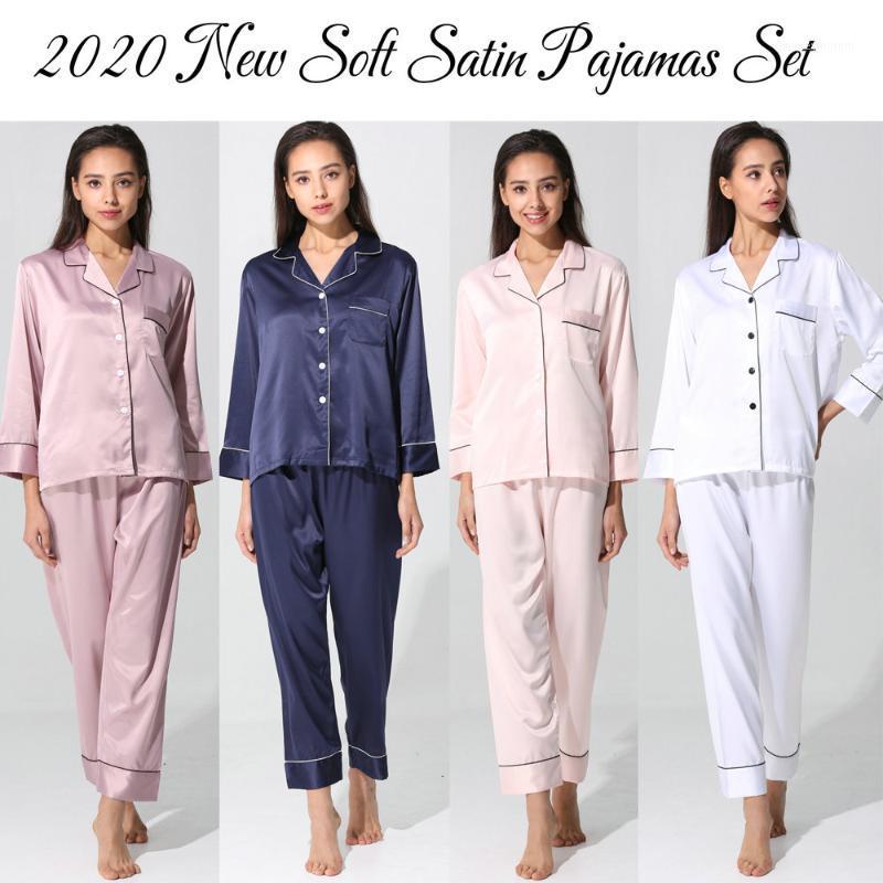 

Women Silk Pajama Sets Satin Pyjama Sleepwear Long Sleeve Large Size Fashion Pajamas for girl Nightwear Suit Home New 2020 PJS1, Blue