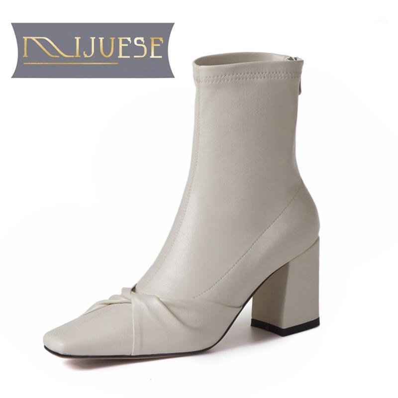 

MLJUESE 2021 women soft ankle boots Microfiber zippers boots winter short plush square toe high heels women1, Black