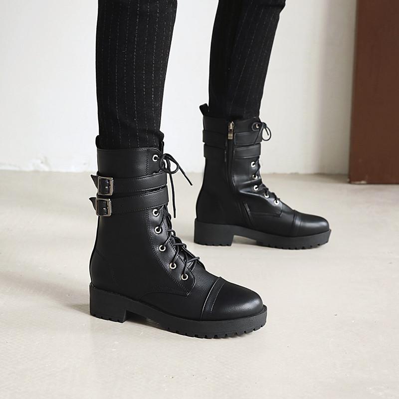 

YMECHIC 2021 Winter Chunky Heels Mid Calf Motorcycle Biker Boots Black Buckle Strap Lace Up Gothic Combat Boots for Women Shoes