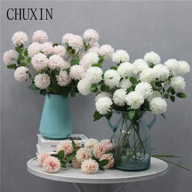 

CHUXIN wedding Artificial flower decoration 3 head ball chrysanthemum home decoration silk flower bride holding fake flowers, Pink