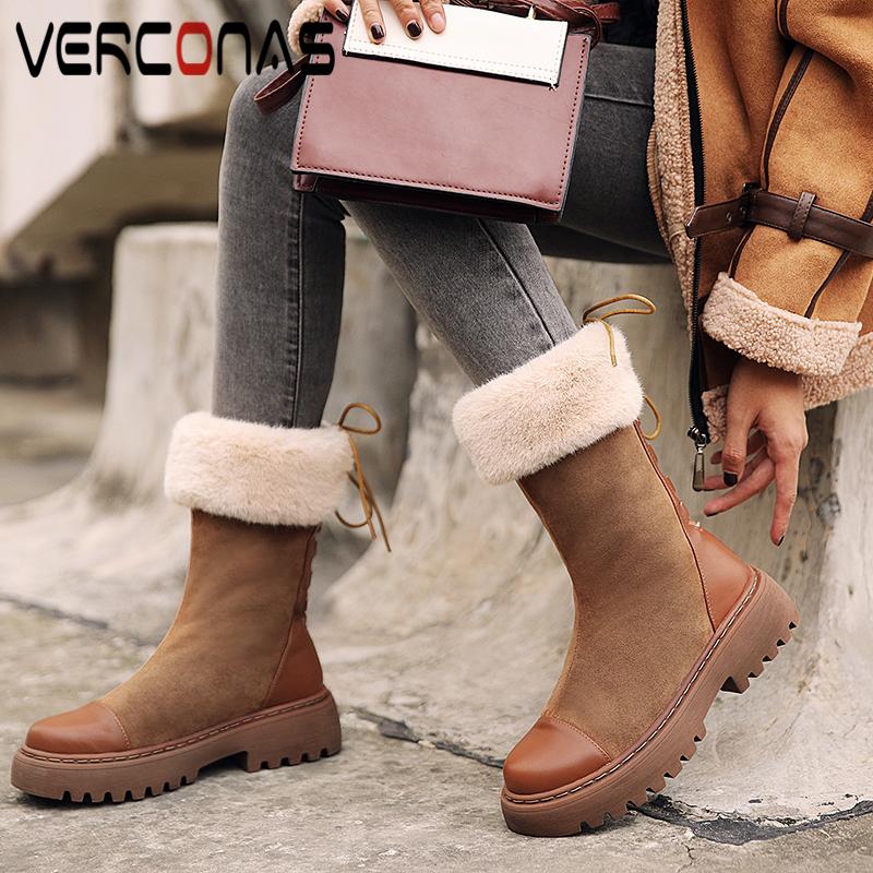 

VERCONAS Autumn Winter Warm Snow Boots Mid-Calf Boots For Women Casual Cross-Tied Shoes Woman New Genuine Leather Platform, Black