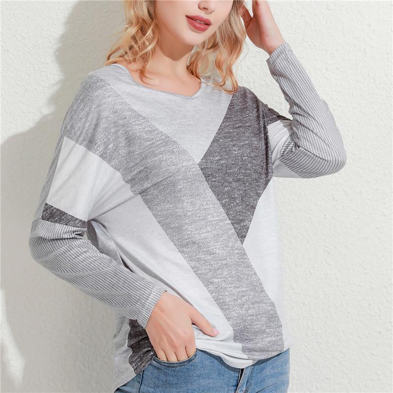 

Autumn Women Casual T Shirt V Neck Patchwork Long Sleeve T Shirt Ladies Fashion Loose Batwing Sleeve Tee Tops, Red