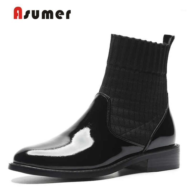 

ASUMER 2020 New genuine leather boots women shoes slip on black solid color autumn winter shoes ladies ankle boots female1, Black1 with fur