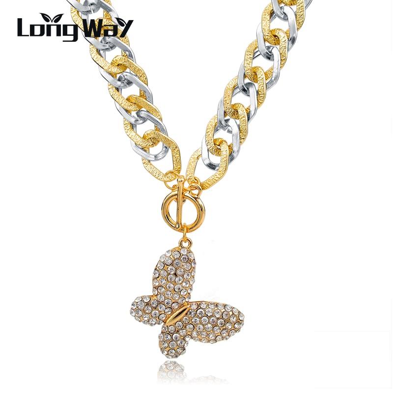 

LongWay Vintage Statement Butterfly Pendant Gold Color Necklace Long Chains Crystal Charm Necklace Women Jewelry SNE150779