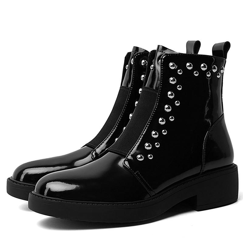 

High Quality Women Soft Ankle Boots Motorcycle Boots Slip on Rivet Winter Fashion Round Toe Women Cow Leather, Black