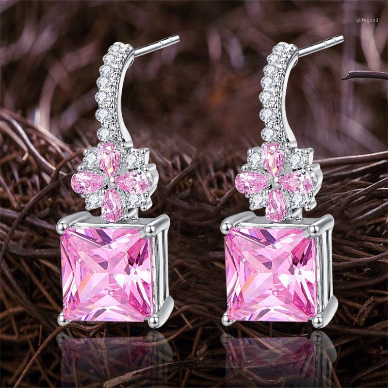 

Dangle & Chandelier Lingmei Wedding Bridal Pink White Cubic Zircon Silver Color Drop Earrings Flower Engagement Jewelry Girls1