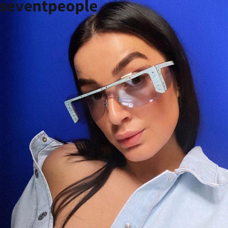 

Sunglasses Fashion Half Frame Steampunk Women 2021 Designer Rivets One-Piece Punk Square Sun Glasses Shades