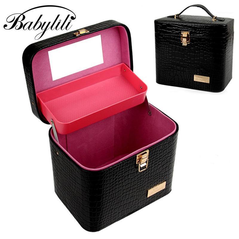 

Professional Beauticians Cosmetic Cases Women Makeup Organizer Box Lady Toiletry Bags with Mirror Large Capacity Travel Suitcase1, Black-b