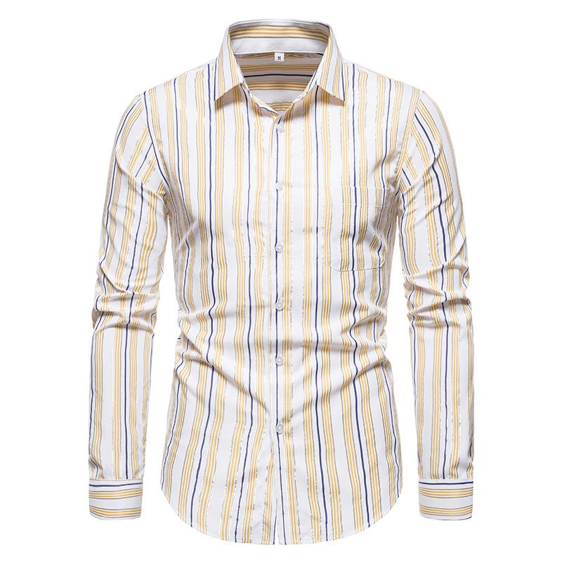 

CYXZFTROFL New 202 Fashion Spring Summer Casual Men's Shirt Cotton Long Sleeve Striped Slim Fit Stand Collar Dress Shirts Camisa, Yellow