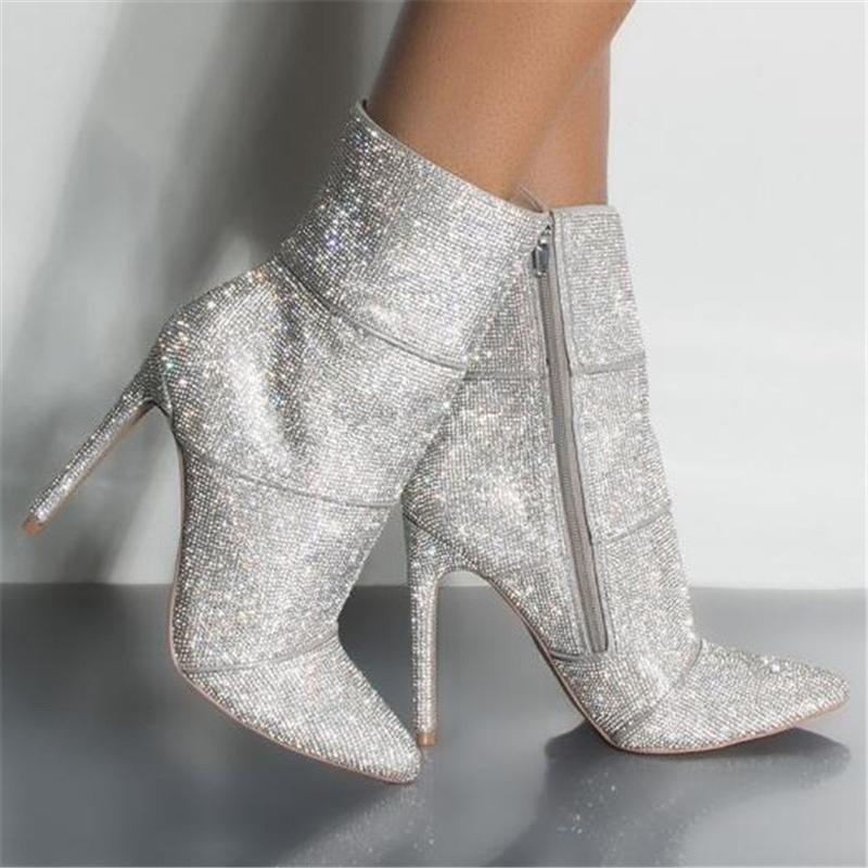 

Ladies Pointed Toe Bling Bling Rhinestone Ankle Boots Stiletto Heel Short Boots Silver Crystal High Heel Booties Wedding Heels, As pic