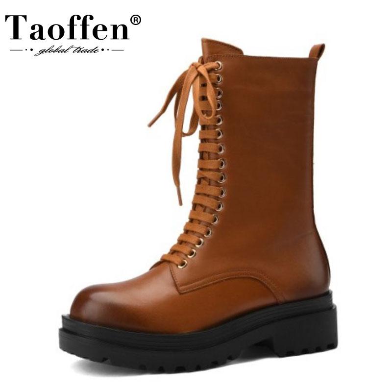 

TAOFFEN Real Leather Women Half Short Boots Cross Strap Flats Zipper Shoes Round Toe Warm Boots Women Party Footwear Size 34-40, Brown
