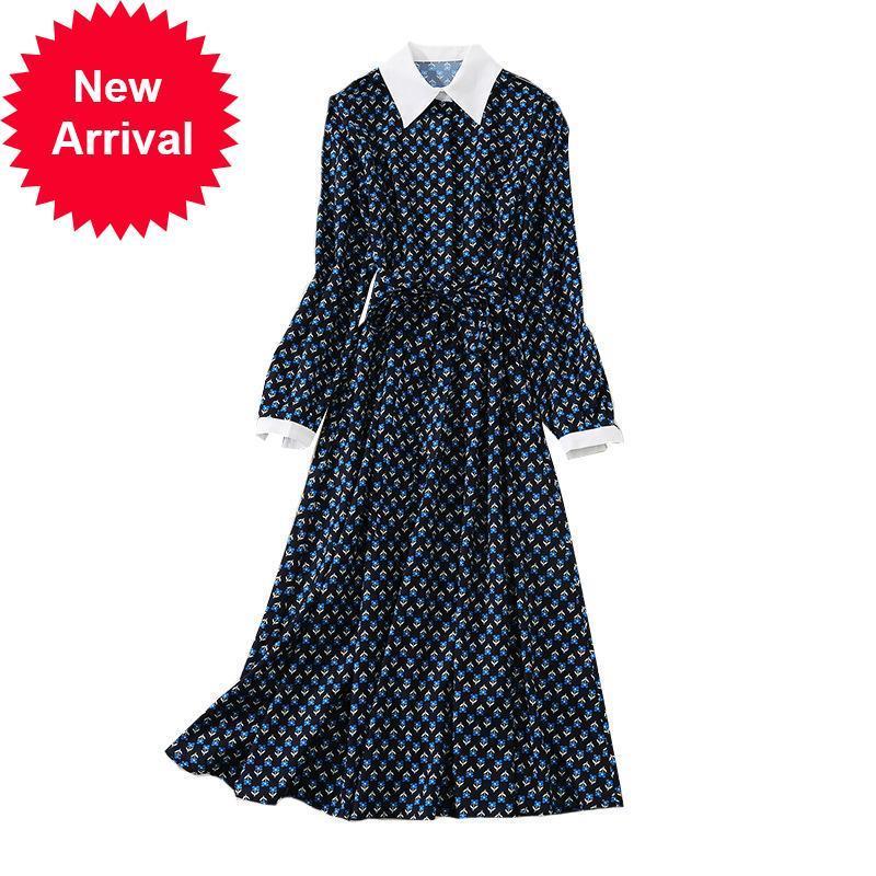 

New Runway 2021 Boho Fashionable Party Female Autumn Vintage Blue Sleeve Print Dress Long Luxury Clothing Design QS6S