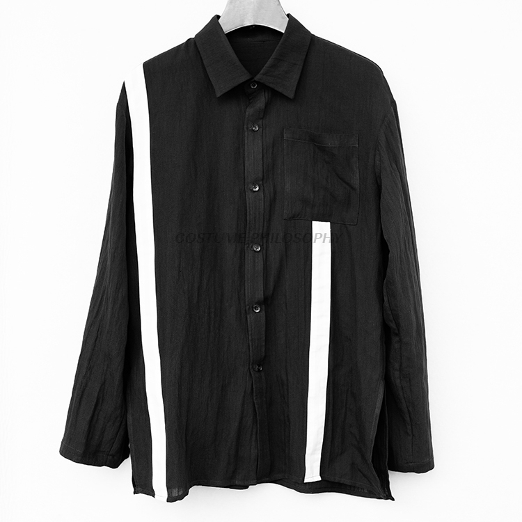 

2021 New Home Black White Patchwork Lapel Shirt Men with Dark Wind of Manga Linen Long Jacket. S-6xl!! VRY4