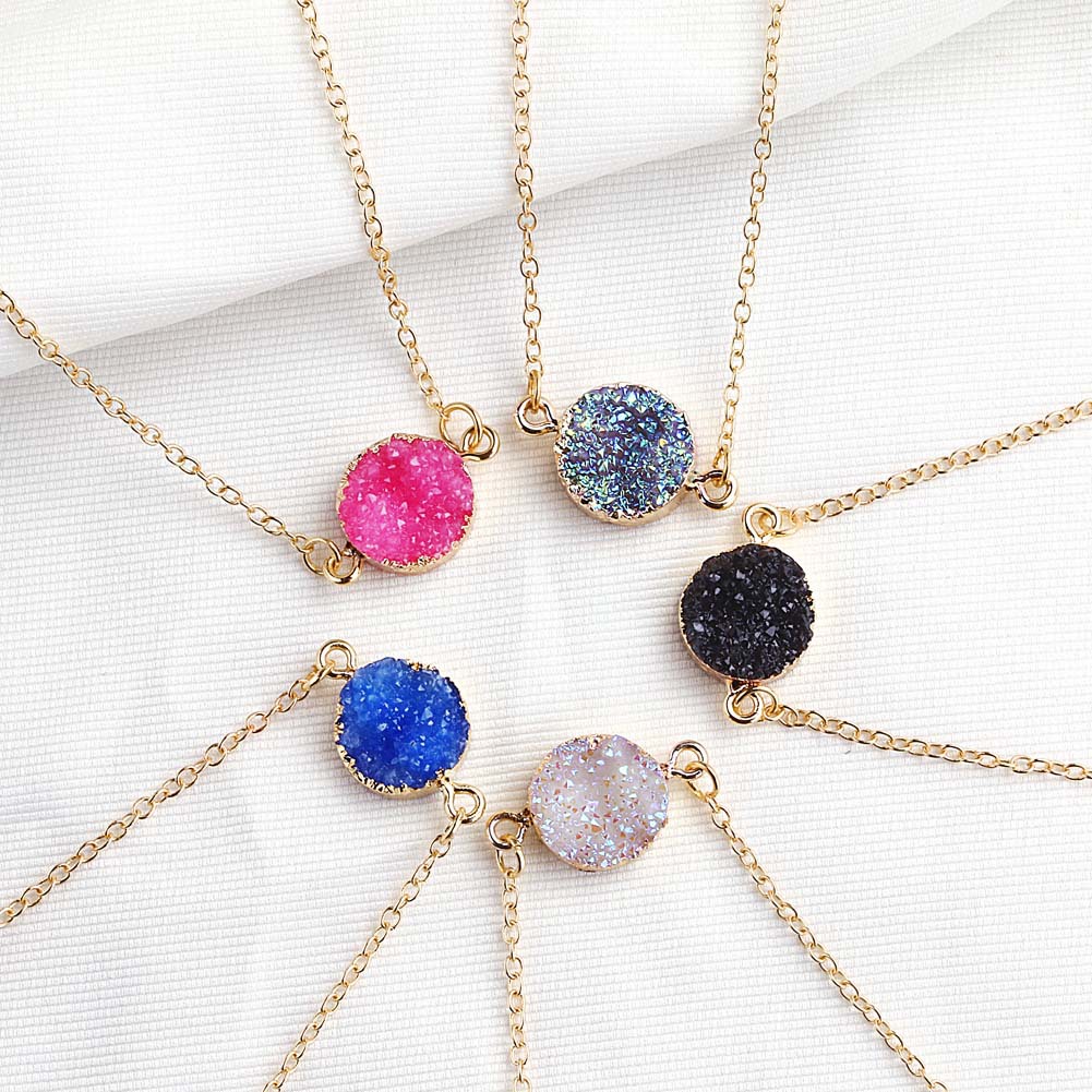 

Design Resin Stone Druzy Necklaces Chain Gold Plated Geometry Stone Pendant Necklace For Elegant Women Girls Fashion Jewelry 5 Colors