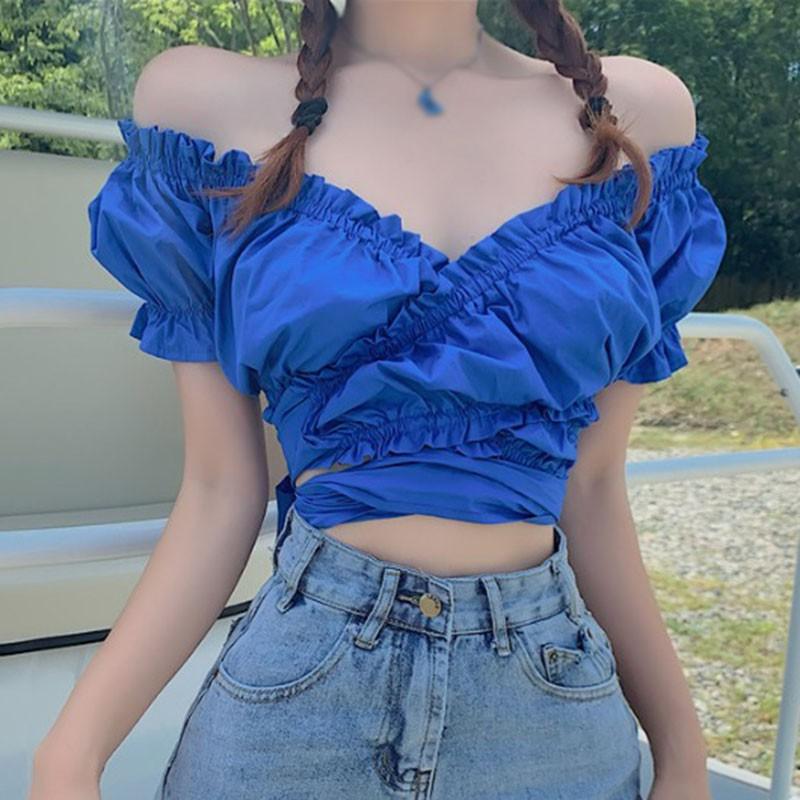 

Women's Solid V-Neck Sexy Sweet Exposed Navel Short Sleeve Shirt Blouses