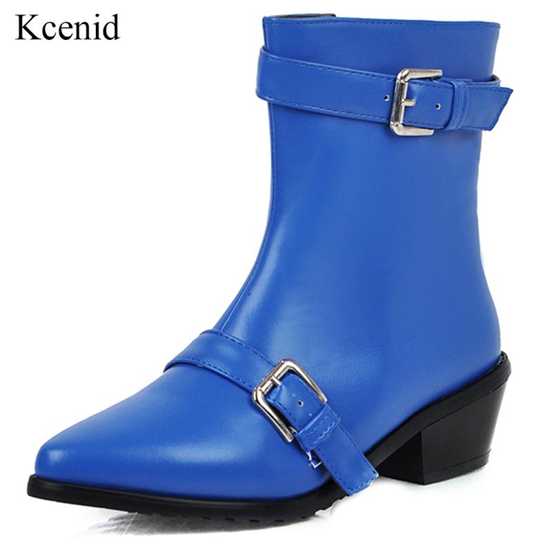 

Kcenid Blue punk ankle boots for women pointed toe thick heel autumn winter boots women fashion buckle strap ladies shoes 2020, Black