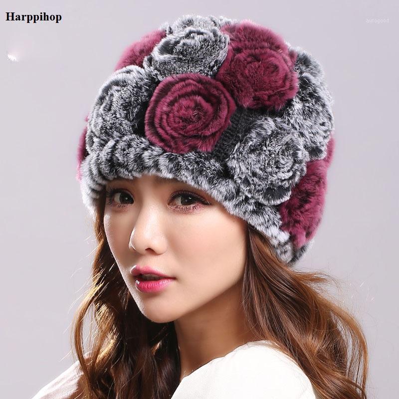 

Beanie/Skull Caps Women Genuine Knitted Rex Fur Hats Natural Stripe Lady Winter Warm Real Beanies Headwear1, 13