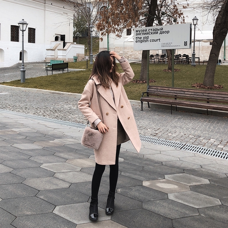 

autumn and winter fishion woolen coat female Mid-Long New Korean temperament women's popular Outerwear woolen coat 201104, Pink